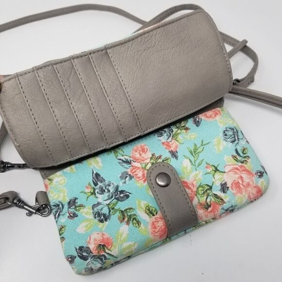 Mint Pink Floral Canvas Like Crossbody/Wristlet Bag. - Picture 5 of 14